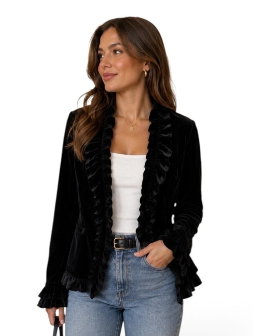 INC Internatinal Concept Black Velvet Ruffle Long Sleeve Jacket